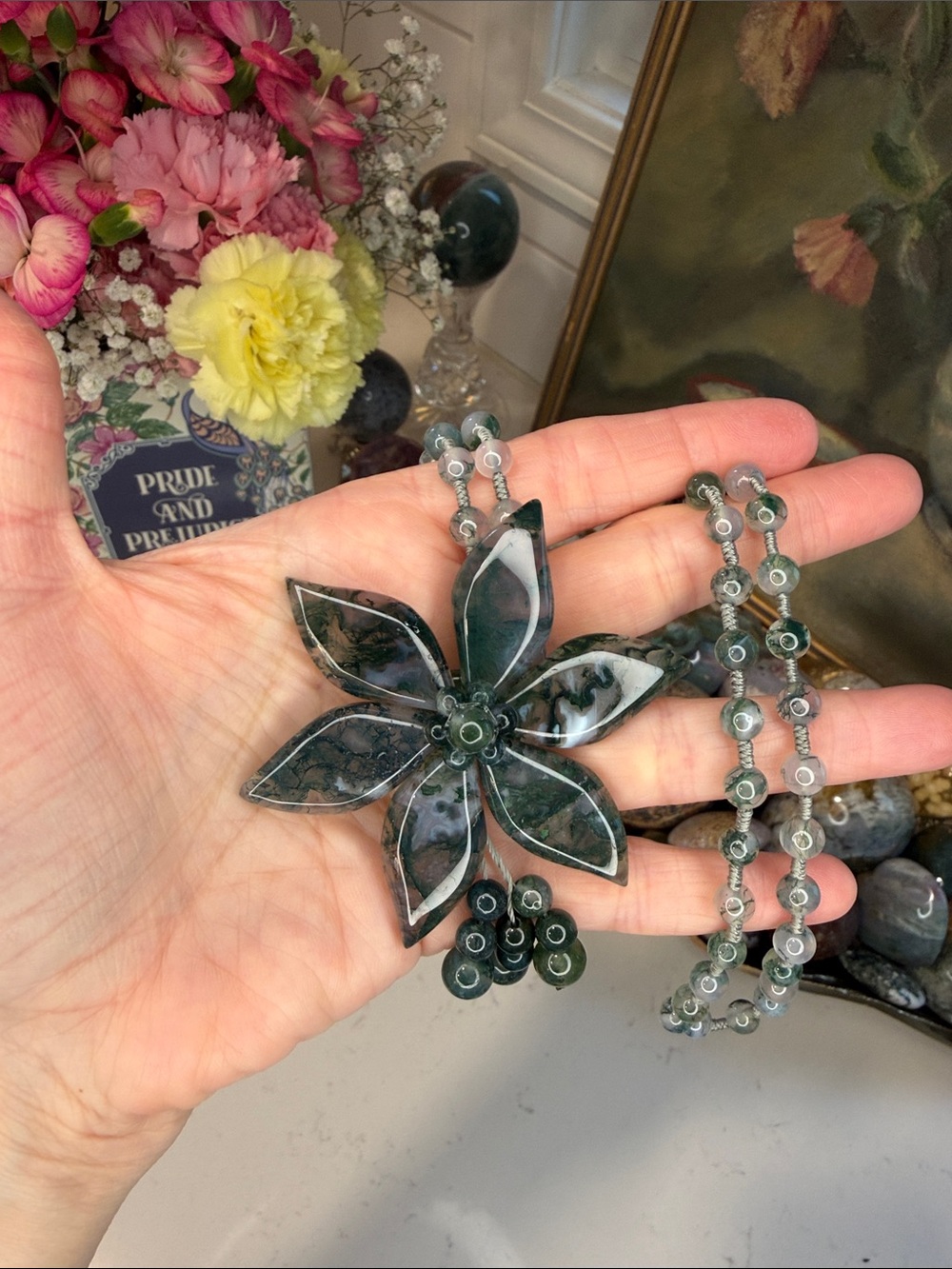 Moss Agate Flower Necklace: N2042